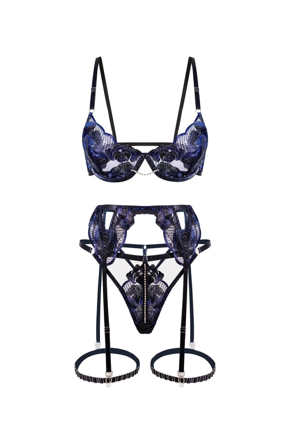 Black Luxurious Fancy Embroidered Sexy Lingerie Set (BLACK, XL)