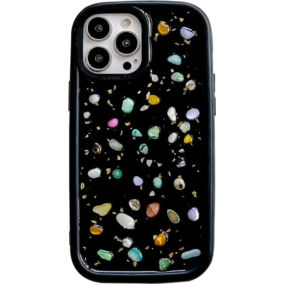 Black Luxury Phone Case Compatible with iPhone 14 Pro Max, 3D Colored Glitter Gemstone Pebble Shockproof Protective Phone Cover for Women Girls