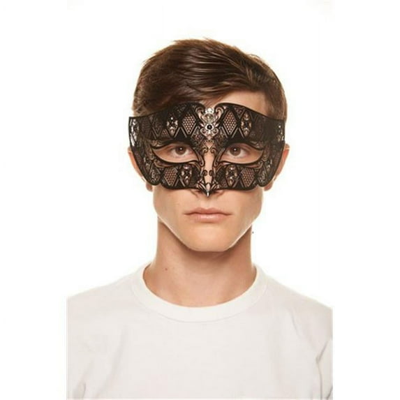 Black Luxury Roman Guard Filigree Laser Cut Metal Mask with Clear Rhinestones, 4 x 9.5 in. - One Size