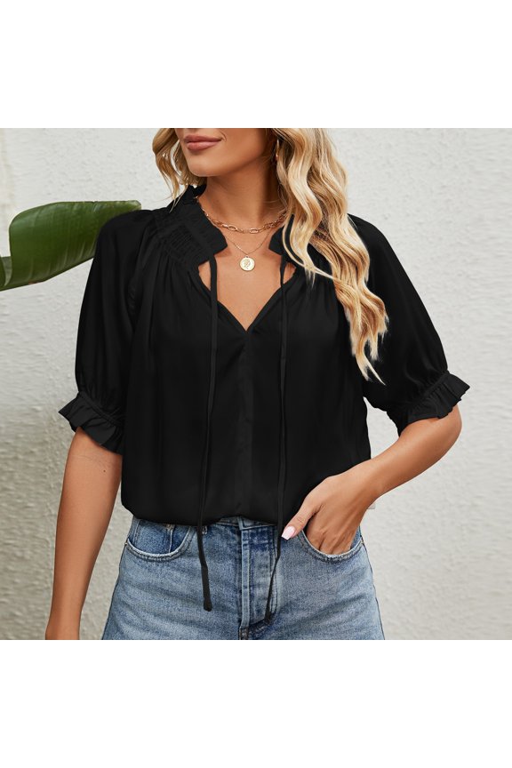 Black M WIZUTIZ Womens Shirts Sales Linen Fashion Basic T-shirt Short Sleeve Holiday Beach Solid Blouse Cotton Blend Ladies Fluffy Tops Ultra Soft Loose Fit Tshirt Plus Size Round Neck Shir