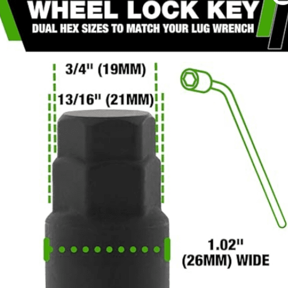 Black M12x1.50 Lug Nut Locks | Bulge Acorn | 36mm (1.4") Tall | 19mm (3/4") & 21mm (13/16") Hex | Set of 4 Locks / 1 Key | LCB3L6HE-BK04LK4