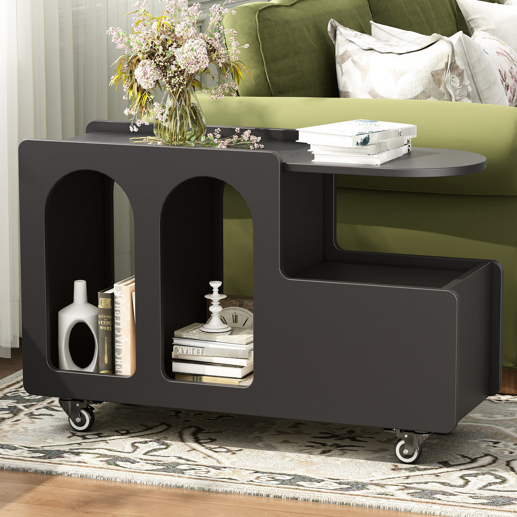 Black MDF End Table with Drawer - Lockable Wheels for Stability and ...