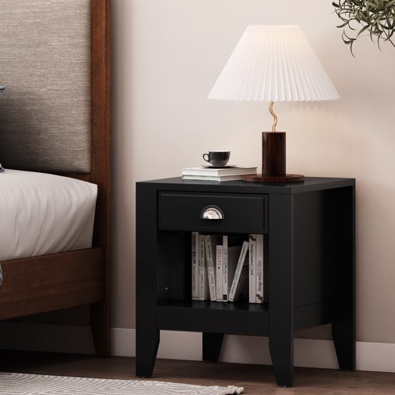 Black MDF Side Table with Drawer / Functional and Stylish Bedroom Accessory
