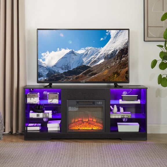 Black MDF TV Console - 2 USB Ports and Sockets - Living Room - Flame Simulation