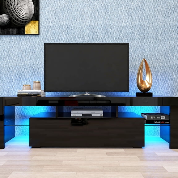 Black MDF TV Stand with 20 - Color LED and Soft - Opening Mechanism / Remote - Controlled, Easy - Install