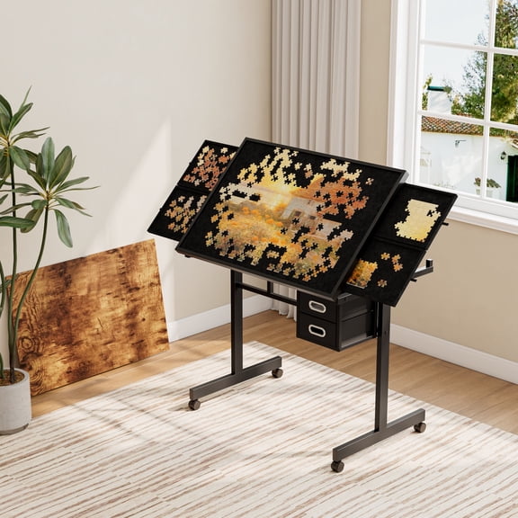 Black MDF and Iron Jigsaw Puzzle Table with 4 Trays and 2 Drawers, 35.43 in Length for Adult Puzzle Assembly and Storage