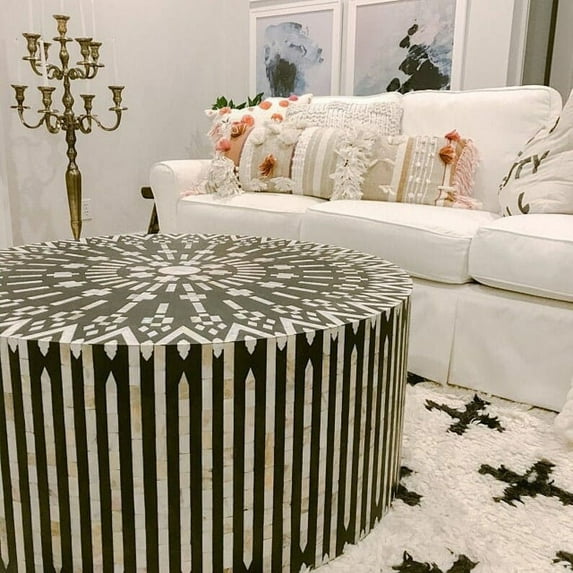 Black MOP Inlay Coffee Table, Strip line pattern, mother of pearl inlay coffee table