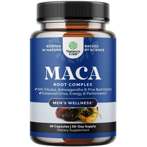 Natures Craft Black Maca Root Capsules for Men, Strength & Energy Booster Supplements, 60 Capsules