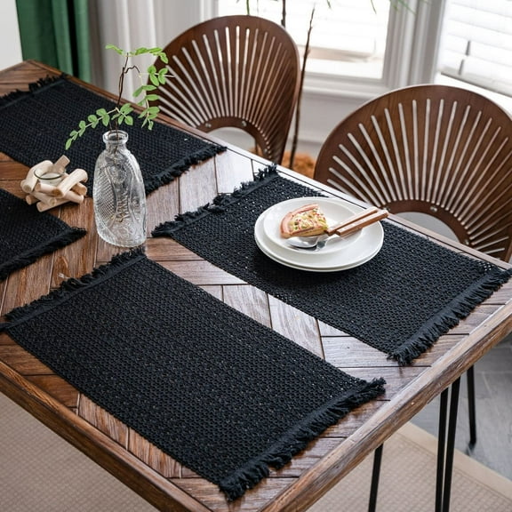 Black Macrame Table Mats Set of 2 Placemats Cotton Linen with Tassel Heatproof Dining Table Decor,Braided Striped