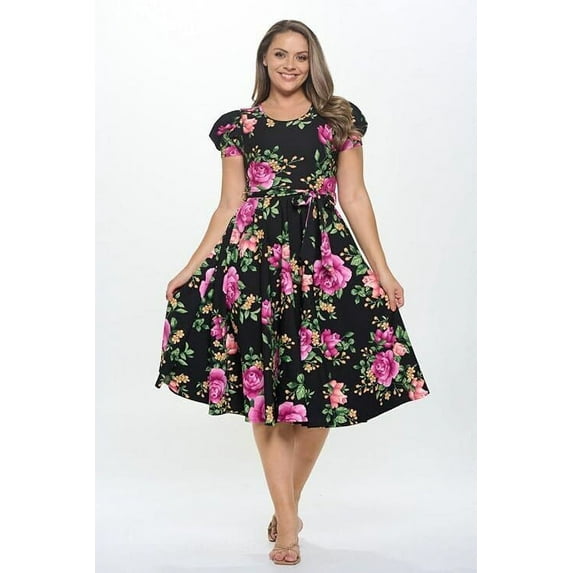 Black Magenta 1x-2x Plus Size Women's Short Puff Sleeve Midi Floral Cocktail Flare Tea Party, Formal and Casual Dresses