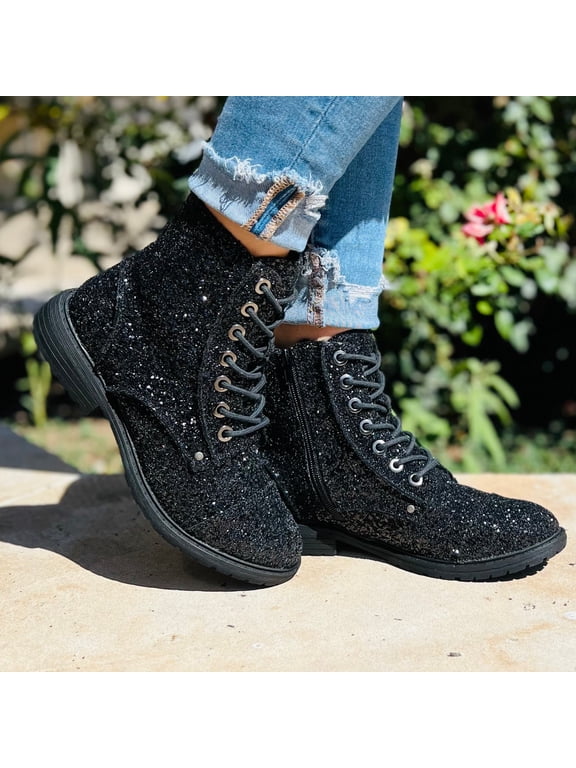 Black Magic Sequin Combat Boots*