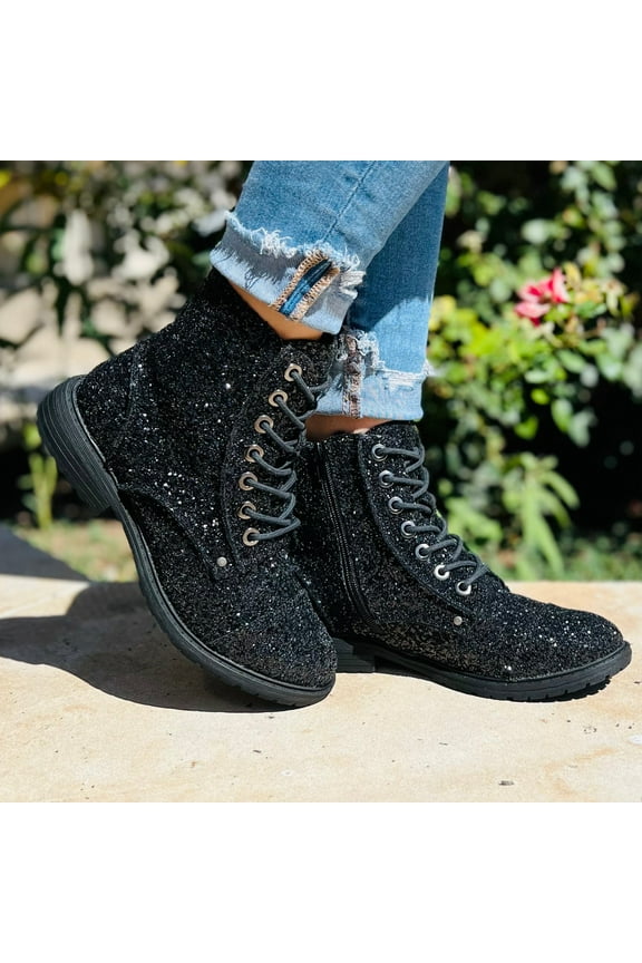 Black Magic Sequin Combat Boots*