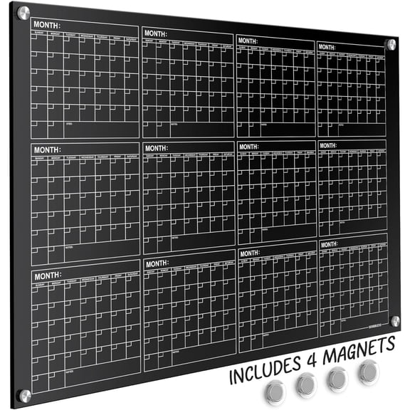 Black Magnetic 34x46 Glass Whiteboard Yearly Calendar Planner White Board Calendar Dry Erase Board Dry Erase Calendar for Wall Monthly Glass Calendar Whiteboard Home Office Large Wall Calendar