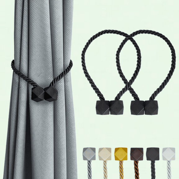 Black Magnetic Curtain Tiebacks - Set of 2, No Drill Holdbacks for Home Bedroom Office Decor