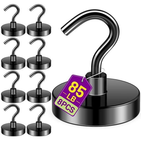 Black Magnetic Hooks, Heavy Duty 85lbs Strength, Magnetic Key Holder for Fridge, Wall Mount Clips for Mugs, Classroom, Office, Garage, Camper, BBQ, 8 Pack