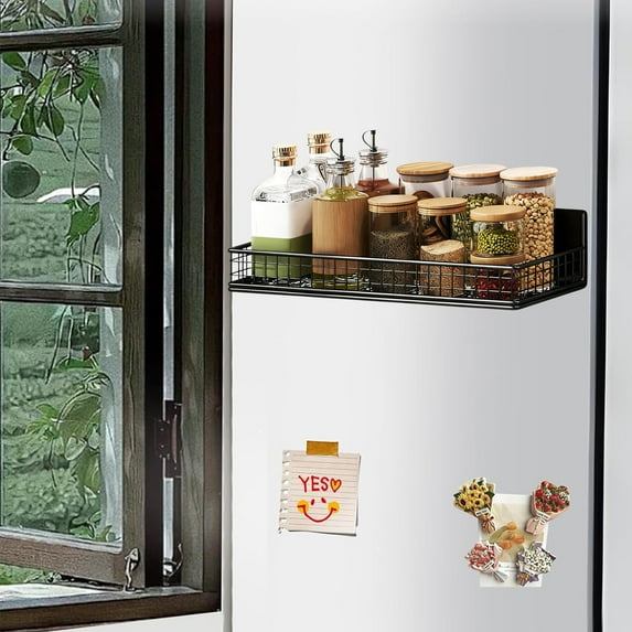 Black Magnetic Refrigerator Storage Basket Organizer Type C Steel for Kitchen Home Office No Drill Strong Magnet Practical