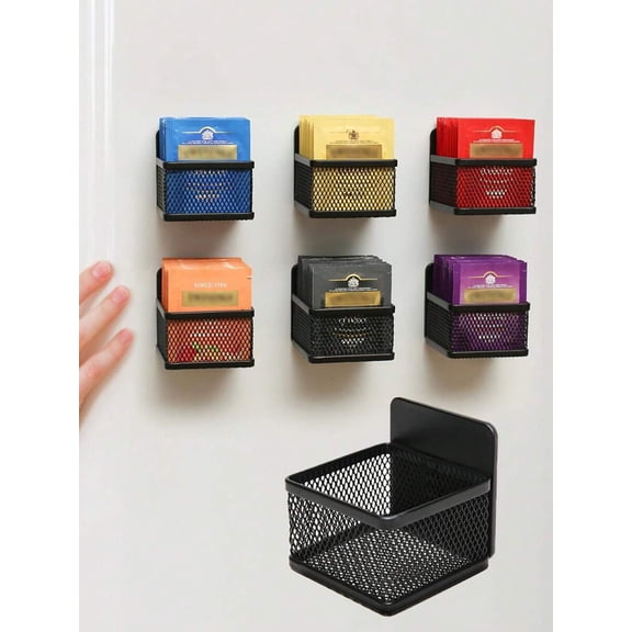 Black Magnetic Tea Bag Organizer Rack, Wall-Mounted Mesh Storage Box For Kitchen Or Refrigerator
