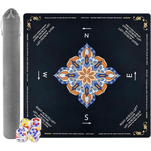 Black Mahjong Mat with Dice Mandala Design American Mahjong Table Cloth with Rules Mats, Noise Reduction Anti-Slip Game Mat 33 inch for Mahjong, Poker, Board Games, Card Games, Dominoes