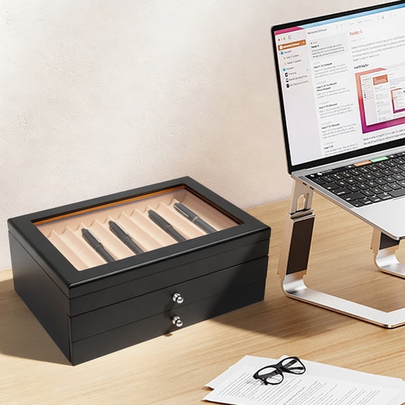Black Mahogany 3-Storey 34-Bit Wooden Pen Box 31x21x12.5cm Display Box with Glass Window Collection Storage Pen Box