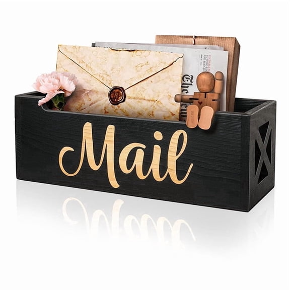 Black Mail Organizer for Countertop, Mail Organizer Wall Mounted, Rustic Wooden Desk Storage for Letter File Postcard, Letter Mail Holder Box for Desk