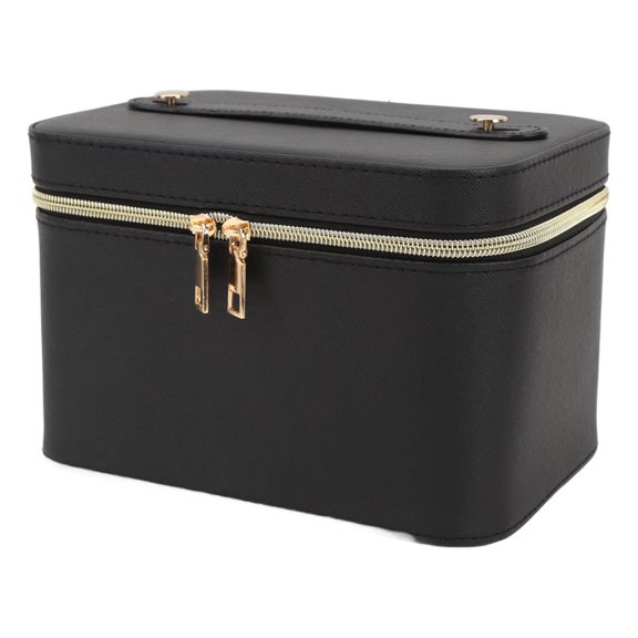 Black Makeup Bag with Mirror Large Capacity PU Leather Cosmetic Case for Travel