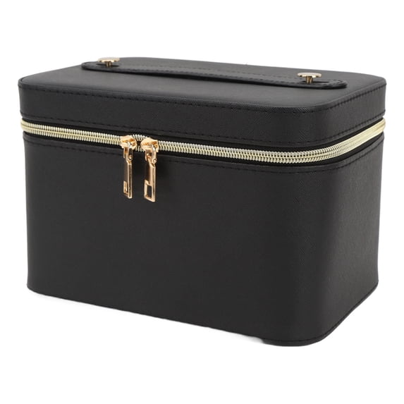 Black Makeup Bag with Mirror Large Capacity PU Leather Cosmetic Case for Travel