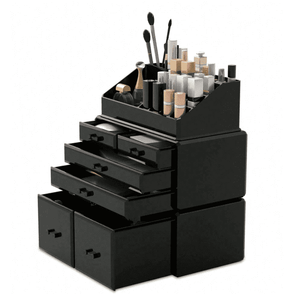 Black Makeup Organizer Cosmetic Storage Case with 6 Drawers for Vanity Desktop Countertop