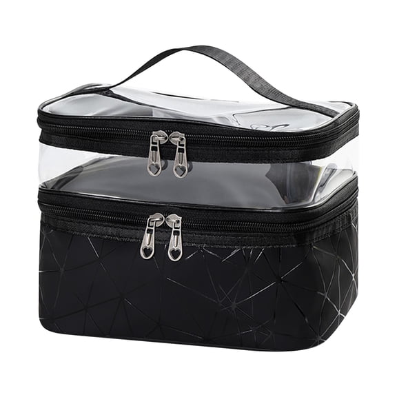 Black Makeup Organizer, Two Compartment Clear Storage Bags with Zipper, Quart Size Clear Zipper Case for Toiletries, Portable Travel Makeup Case, 9X7X6 Inch Large Size, Double
