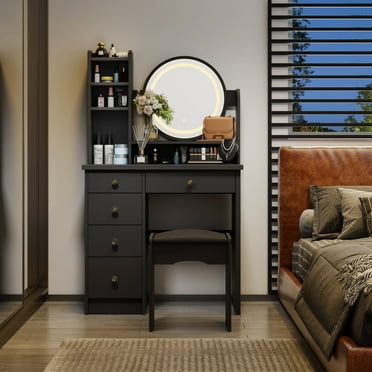 Black Makeup Vanity Dressing Table with Mirror, 5 Drawers and Shelves (Round Lighted Mirror )
