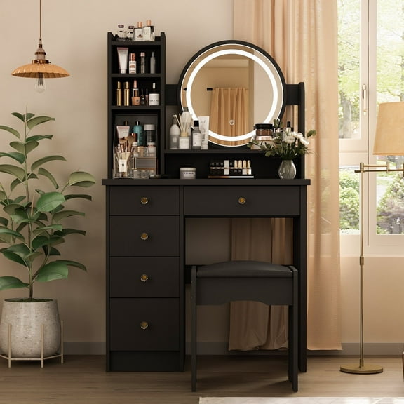 Black Makeup Vanity Dressing Table with Mirror, 5 Drawers and Shelves (Round Lighted Mirror )