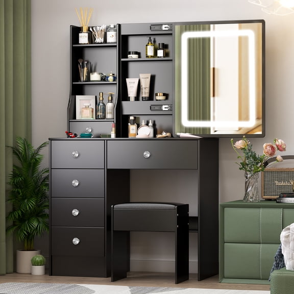 Black Makeup Vanity Set with Lighted Mirror, Sliding Mirror Dressing Table for Women, 6 Drawers & Cushioned Bench, 3 Lighting Modes