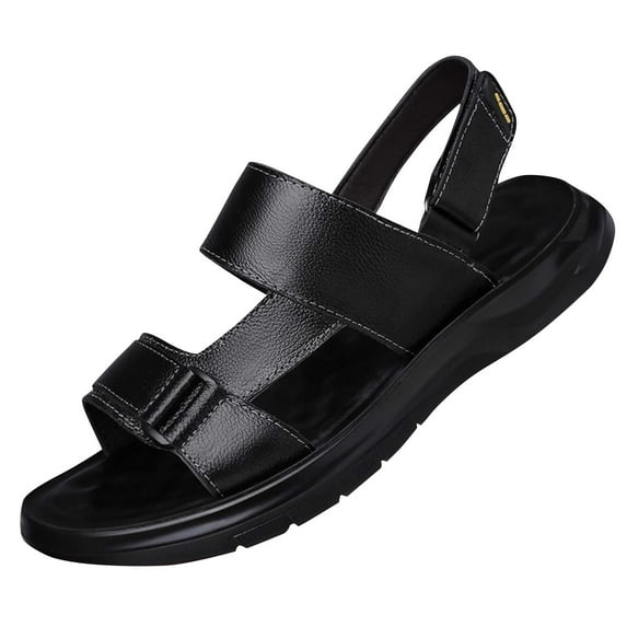 Black Male Casual Leather Beach Sandals, Nylon Spandex Construction Sandals, Comfortable For Long Term Use, Spring Summer Footwear