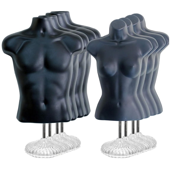 Black Male + Female Hollow Back Mannequin Torso Set w/ Acrylic Stand with Metal Pole, S-M Sizes (4)