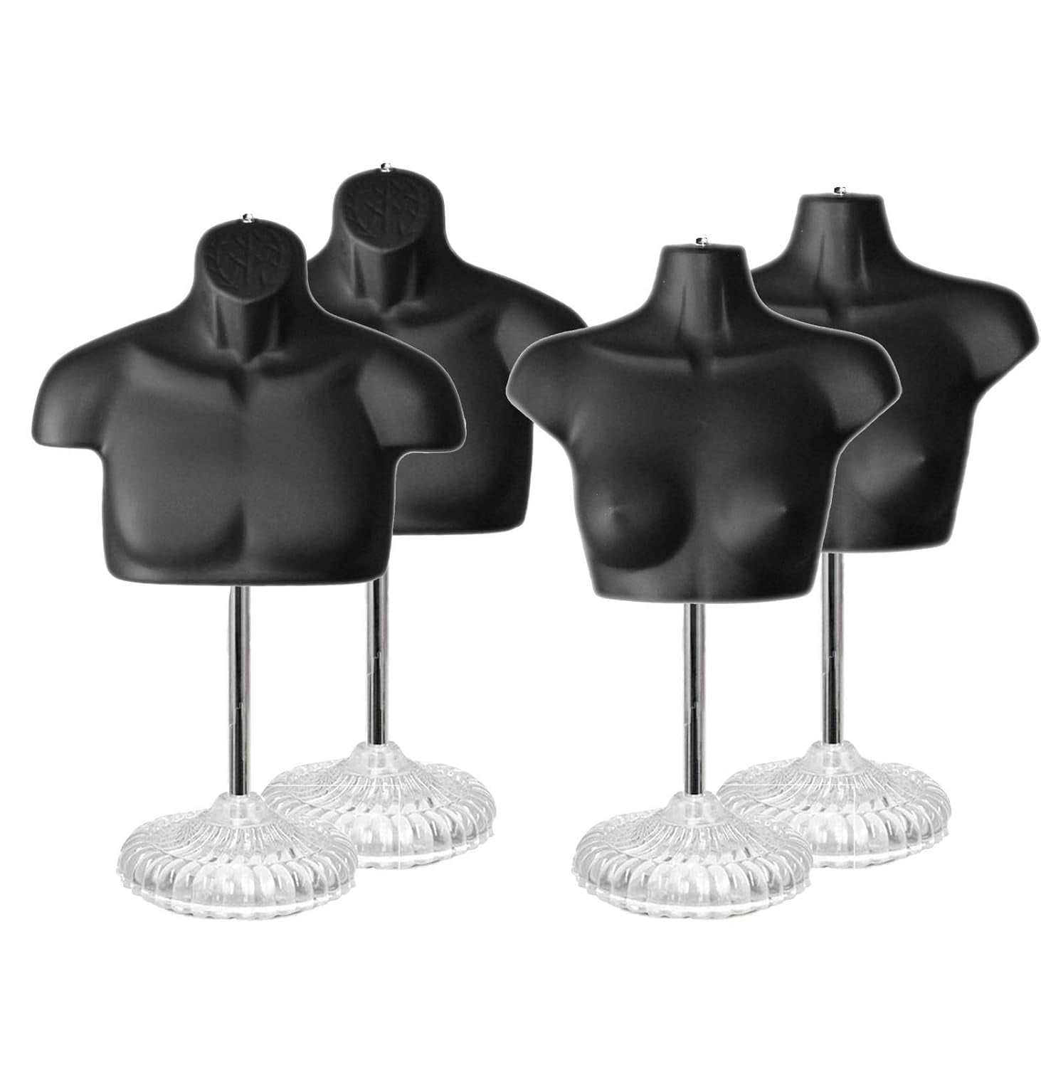 Black Male + Female Mannequin Chest Long Hollow Back Body Torso Set w/ Acrylic Stand with Metal Pole & Hanging Hook, S-M Size (2)