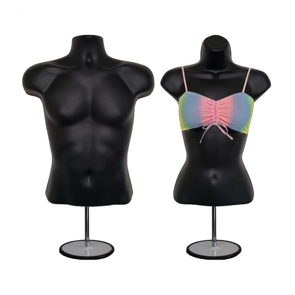 Black Male + Female Mannequin Hollow Back Body Torso Set w/Metal Stand with Metal Pole & Hanging Hook, S-M Sizes