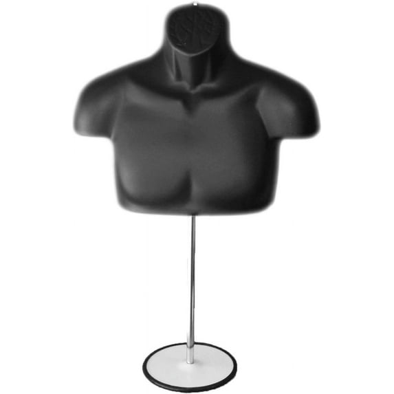 Black Male Mannequin Chest Long Hollow Back Body Torso Set w/ Metal Stand with Metal Pole & Hanging Hook, S-M Size (1)