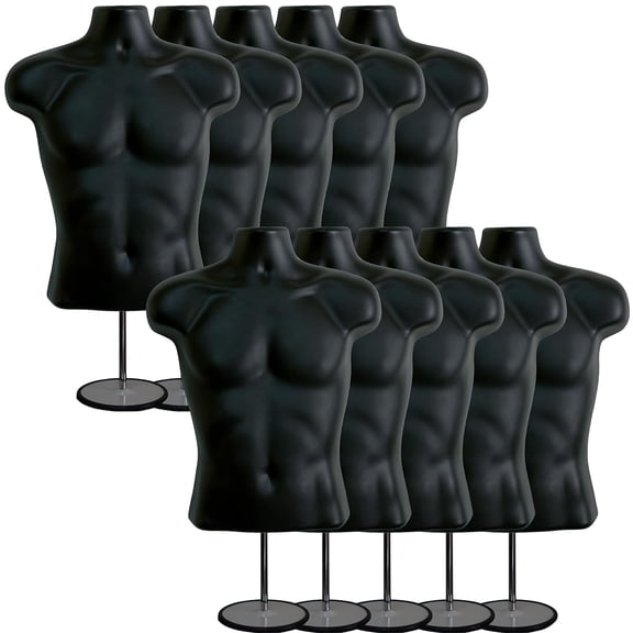 Black Male Mannequin Hollow Back Body Torso Set w/ Metal Stand with Metal Pole & Hanging Hook, S-M Sizes (10 Pack, Black)