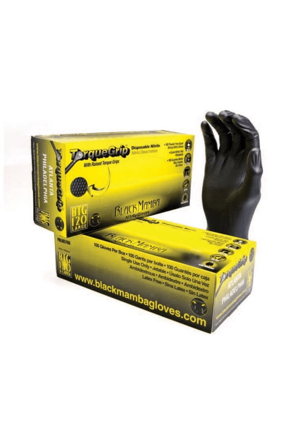 Clearance Item !!!
Black Mamba Black TORQUE Grip Mamba Nitrile 8 mil, X-Large (Box of 100 Gloves)