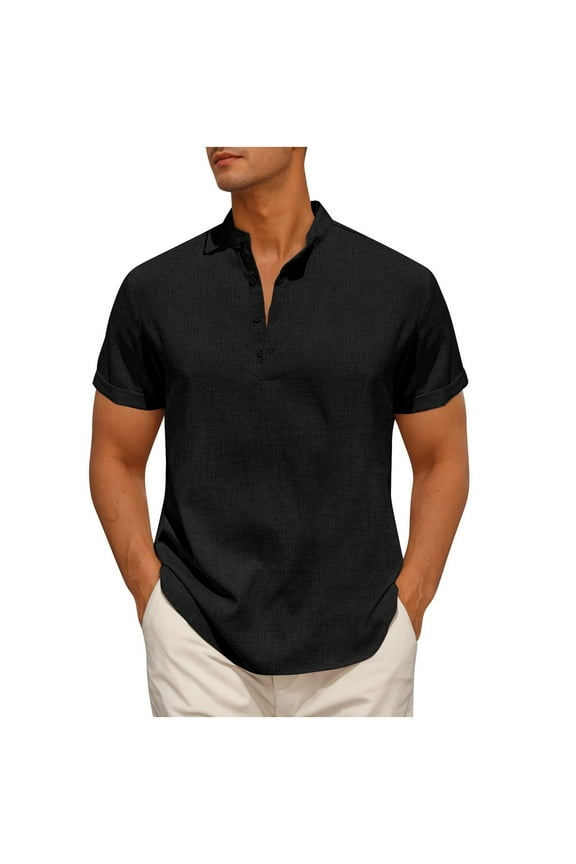 Black Man Collared Neck Faux Gauze Linen Tops Brunch Button Blouses for Man Short Sleeve Basic Summer Fall Shirt 2026 Clothing Fashion XL