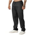 thumbnail image 1 of Black Man Loose Fit Faux Linen Trousers Pants for Mens Happy Holiday Gift Lounge Ruched Straight Leg Elastic Waist Basic Long Leg Fall Summer 2025 Clothes Y2K XL, 1 of 5
