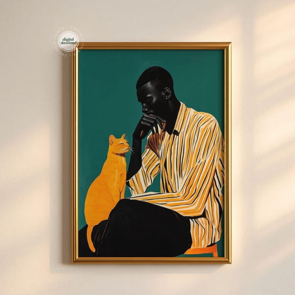Black Man With Cat, Afrocentric Artwork, Striped Aesthetic Print, Bold Afro Wall Art, Emerald Green Art, #3777, Stretched Canvas Size 16x24
