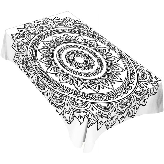 Black Mandala Tablecloth Decor Flower Henna Circular Ethnic Table Cloth Dining Room Kitchen Table Cover 60" X 84" Oblong/Rectangle