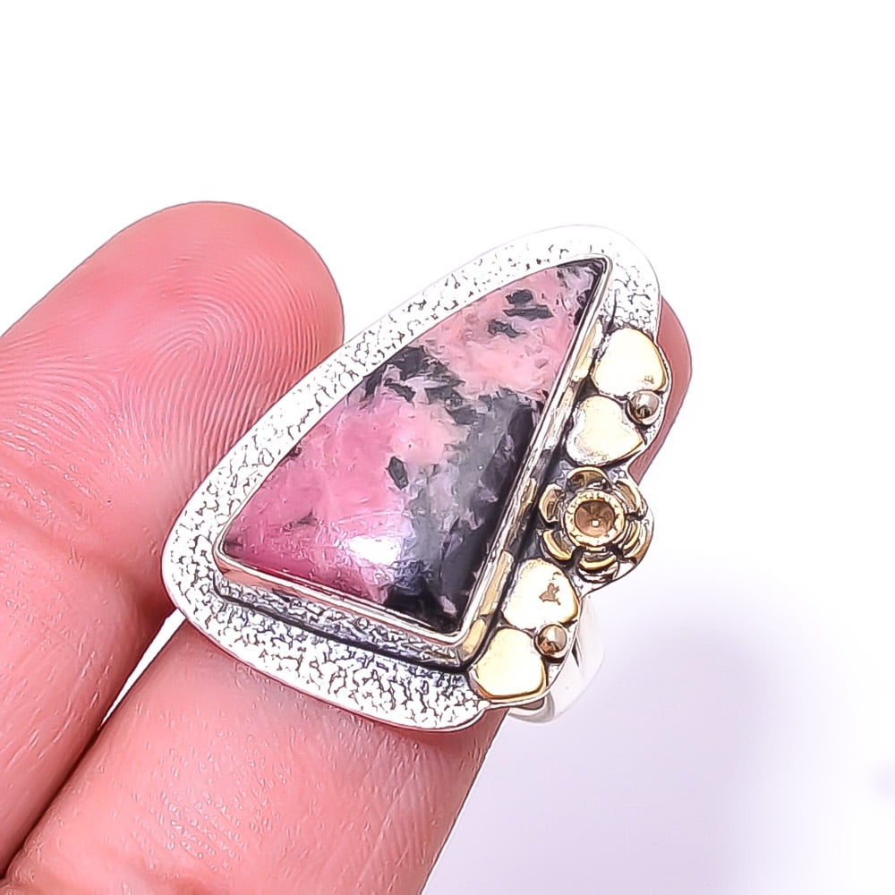 ZAM GEMS Black Manganese In Rhodonite - Colorado Two Tone Designer 925 Sterling Silver Ring s.9 Sku8, Pink & Black Ring, Natural Gemstone Ring