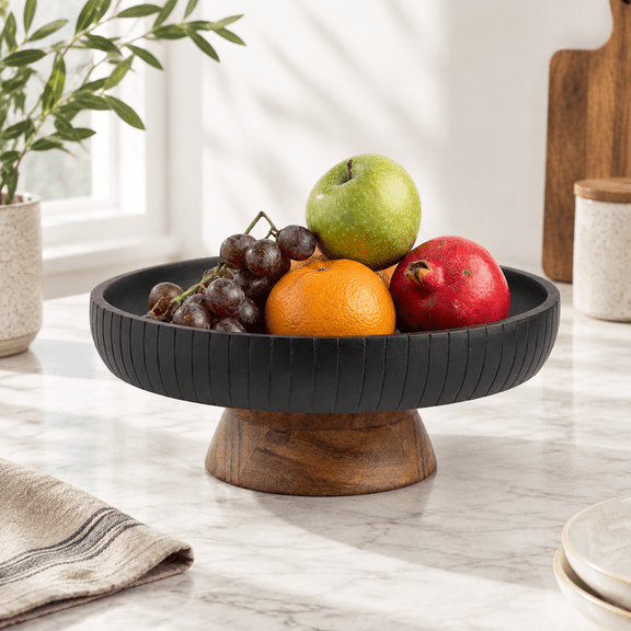 Black Mango Wood Pedestal Fruit Bowl, 12 Inch Diameter Decorative Centerpiece