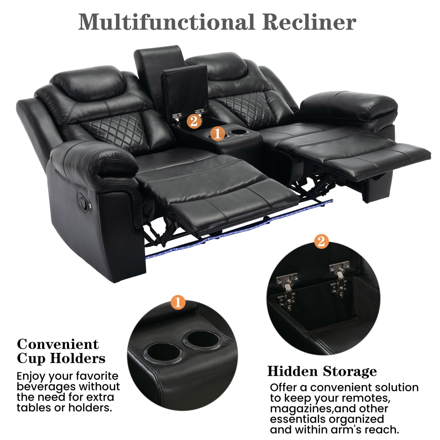 Black Manual Recliner Home Theater Seating Loveseat with HideAway