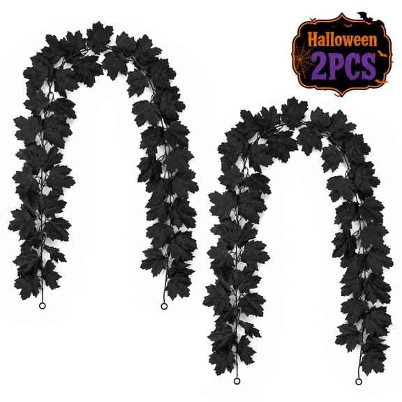 Black Maple Leaf Garland, 2PCS Halloween Artificial Hanging Decorations Thanksgiving,Home, Wedding, and Party