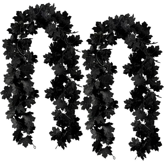 Black Maple Leaf Garland, 2PCS Halloween Artificial Hanging Fall Leave Vines, Fall Floral Garlands Thanksgiving Decor for Home Wedding Party (11.8FT)