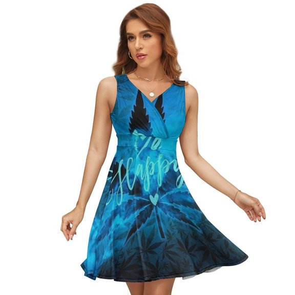 Black Maple Leaf Sleeveless Dress Women Summer Evening Dresses Ladies Sundress
