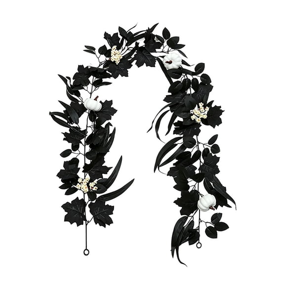 Black Maple Leaves Garland, Halloween Artificial Fall Leave Vines with White Pumpkins Berries, Gothic Autumn Garlands Thanksgiving Decor for Home Wedding Party Mantel Stair Front Door 1Pc,6Ft