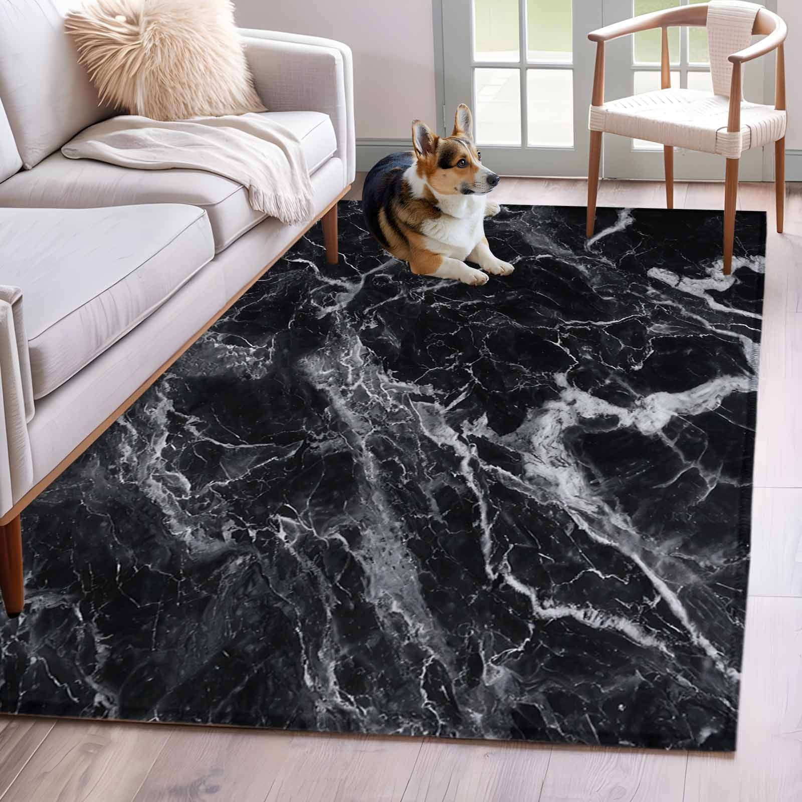 Black Marble 3'x5' Washable Rug, Vintage Minimalism White Abstract ...